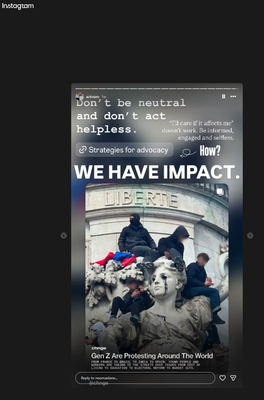 Instagram screenshot about advocacy, protest, and global Gen Z activism