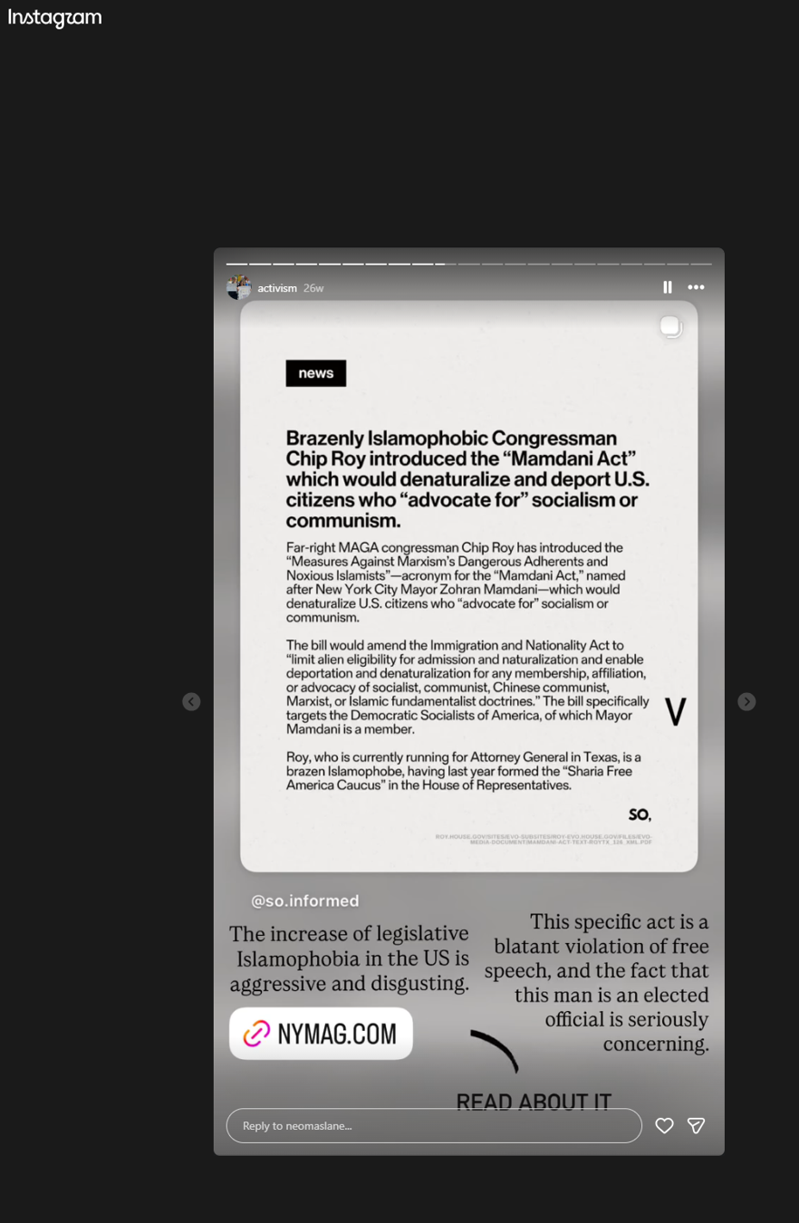 Instagram screenshot about Islamophobia, free speech, and congressional legislation