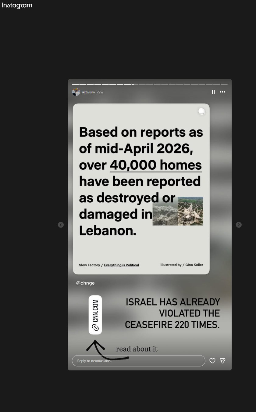 Instagram screenshot about reported homes destroyed or damaged in Lebanon and ceasefire violations