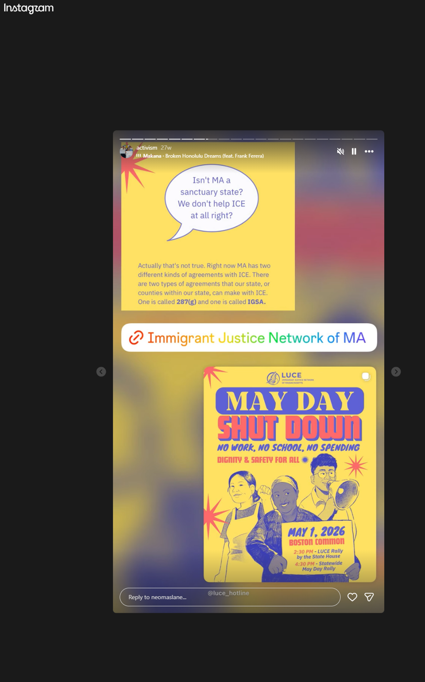 Instagram screenshot about immigrant justice, sanctuary states, and the May Day shutdown