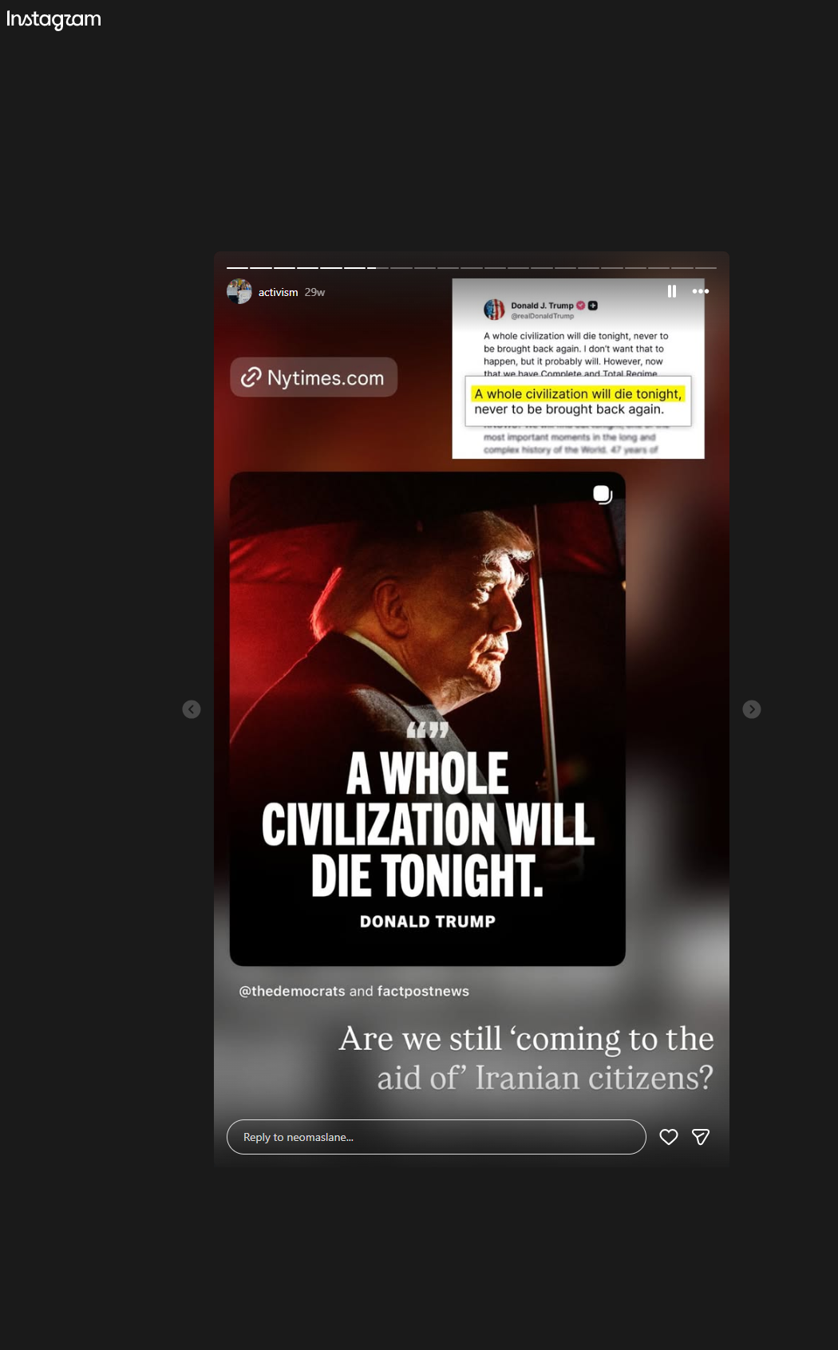 Instagram screenshot about a warning that a whole civilization will die tonight and concern for Iranian citizens