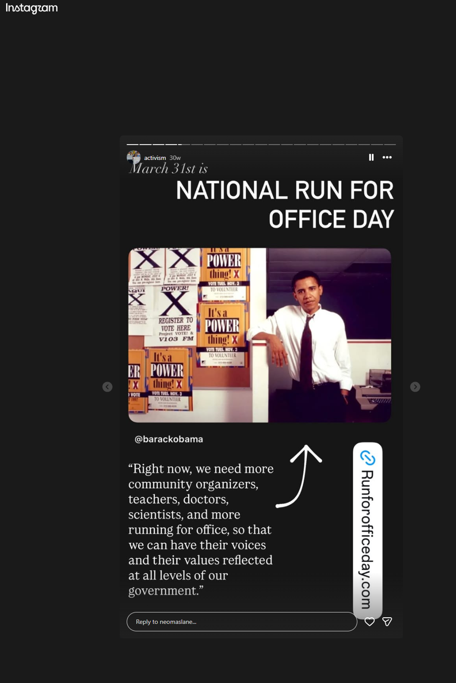 Instagram screenshot about National Run for Office Day and civic participation