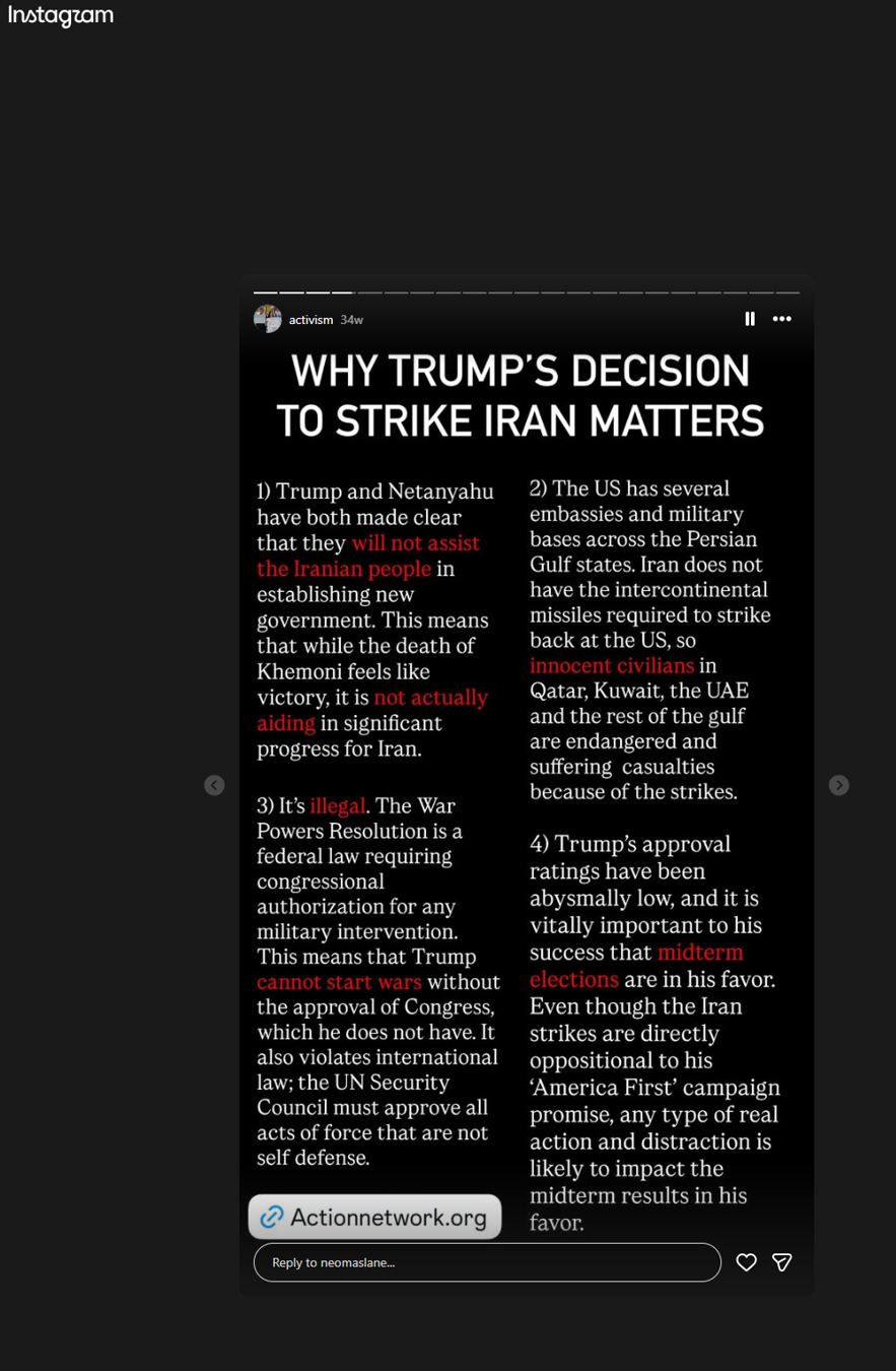Instagram screenshot explaining why Trump’s decision to strike Iranian targets will not assist the Iranian people