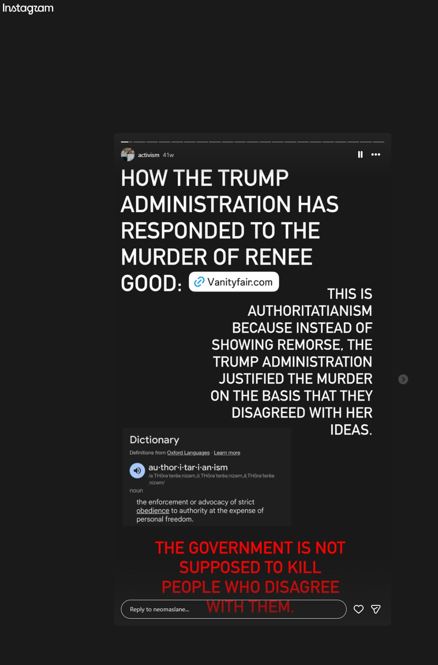 Instagram screenshot about the Trump administration's response to the murder of Renee Good and authoritarianism
