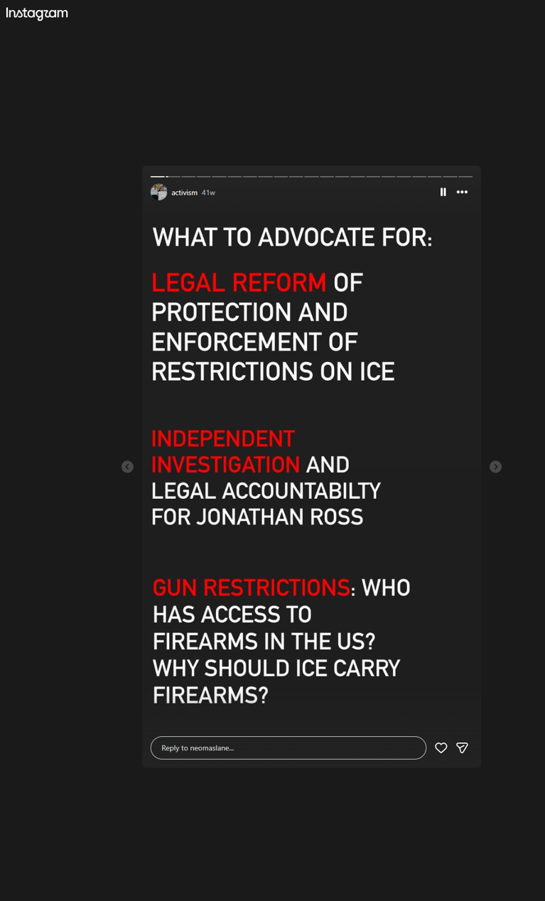 Instagram screenshot about legal reform, independent investigations, accountability, and gun restrictions