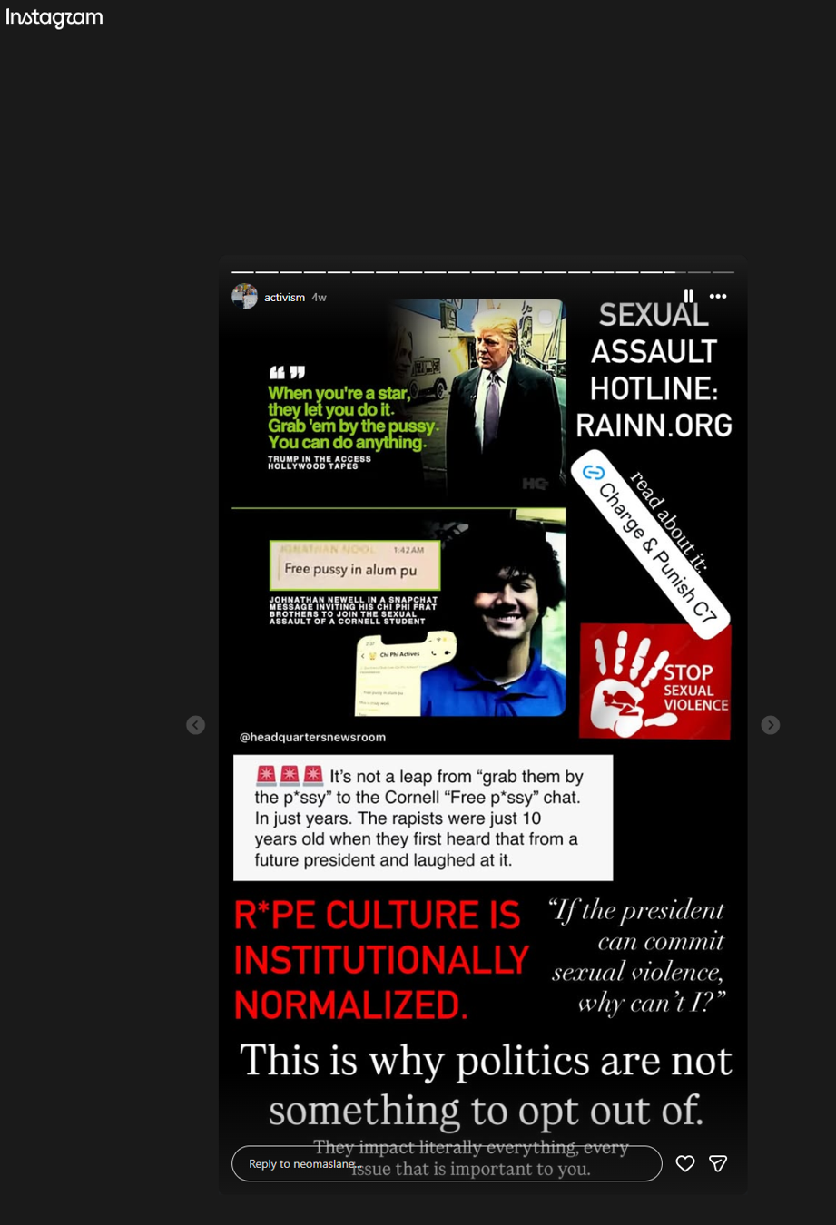 Instagram screenshot about sexual violence, political accountability, and activism