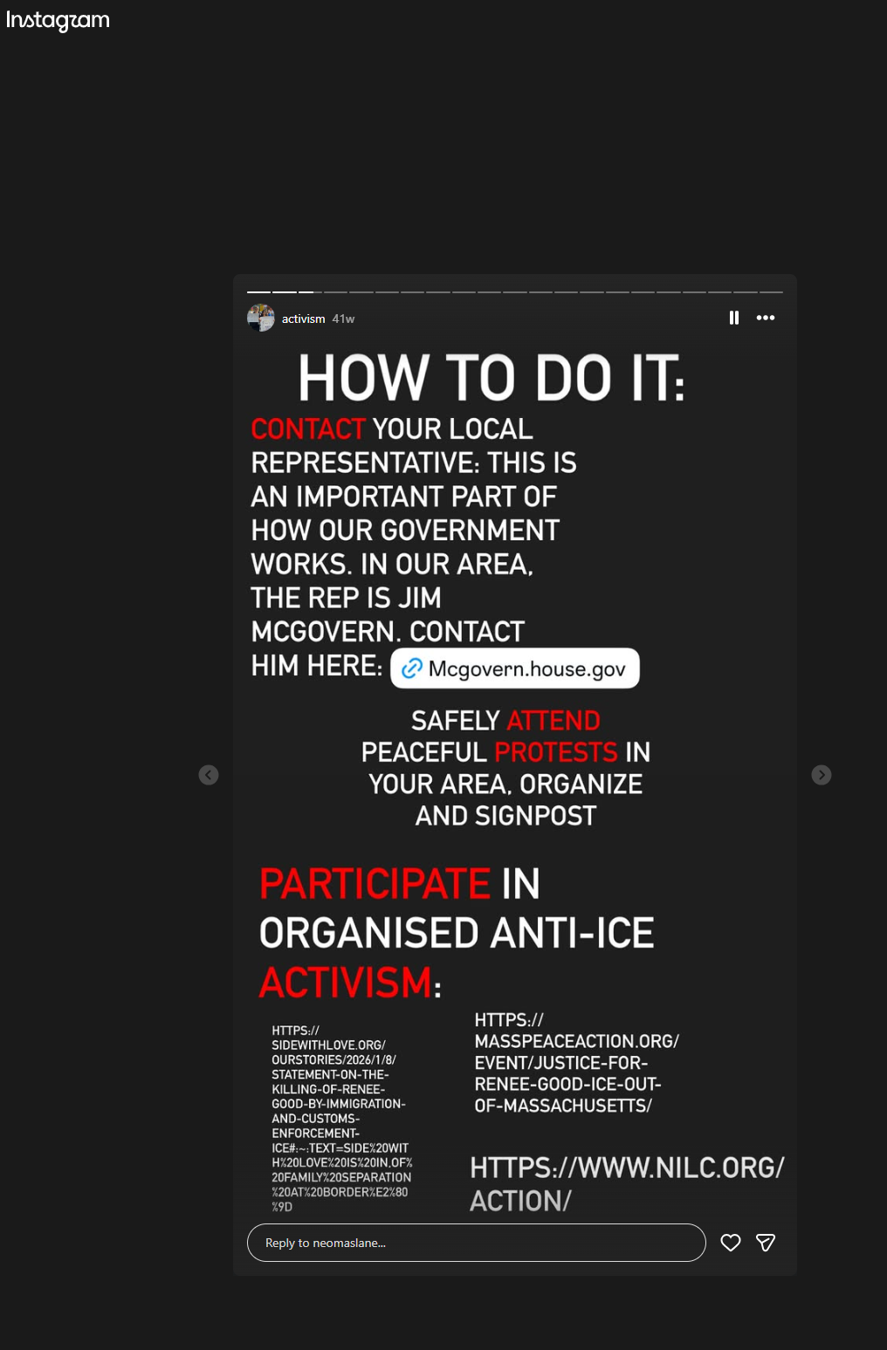 Instagram screenshot about contacting a local representative, attending peaceful protests, and participating in organized anti-ICE activism