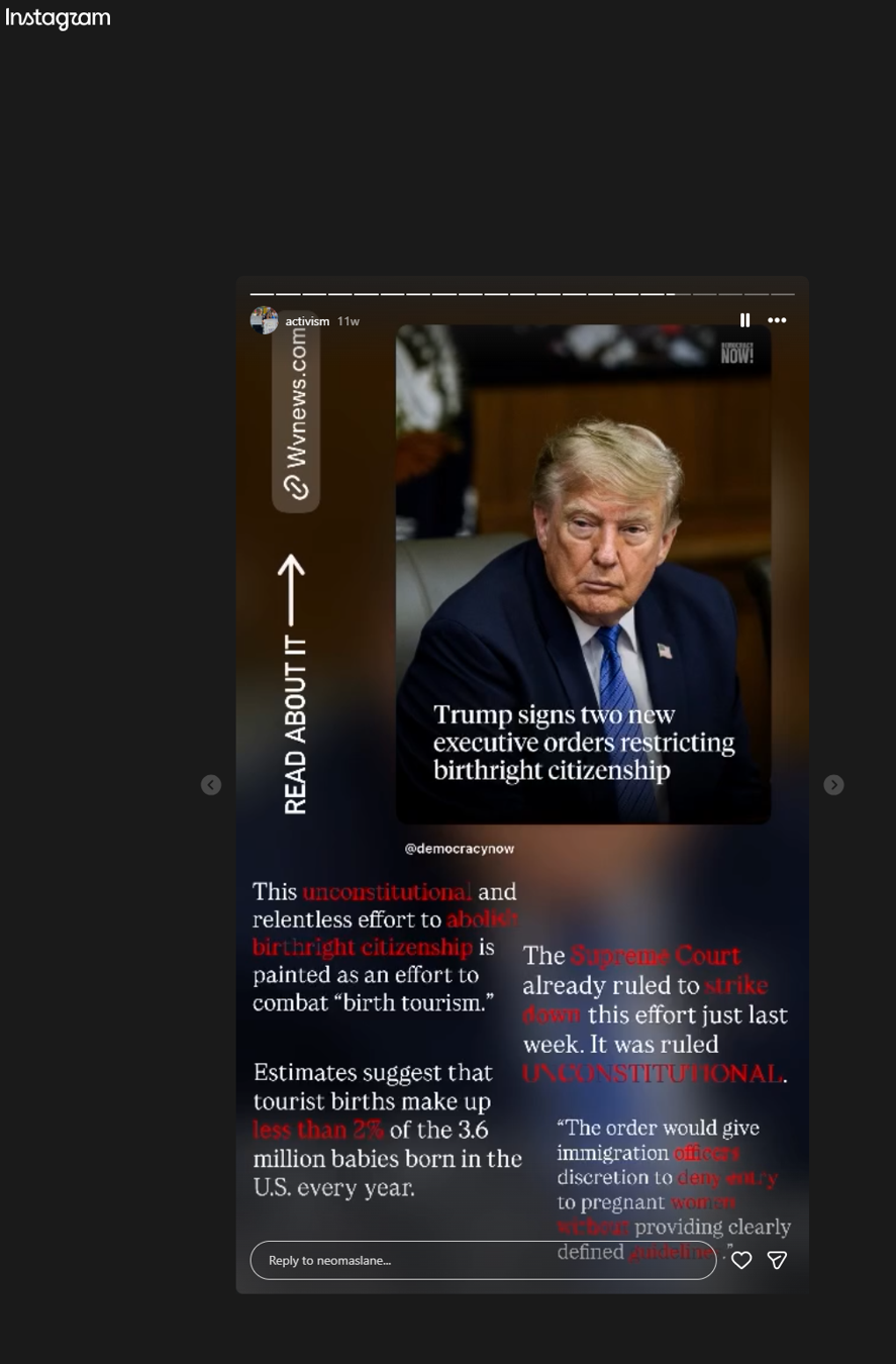 Instagram screenshot about executive orders restricting birthright citizenship