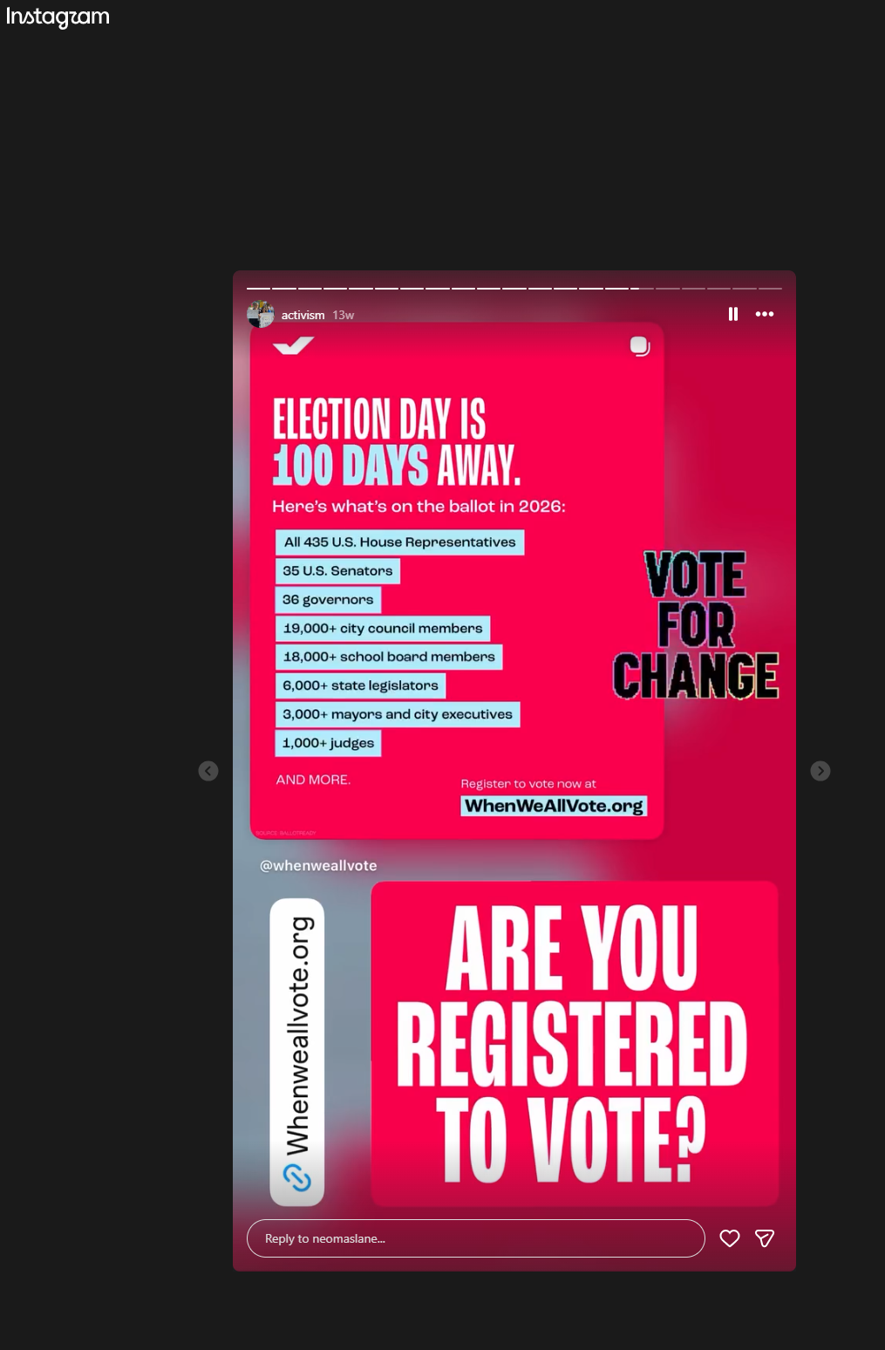 Instagram screenshot about voter registration and the 2026 election