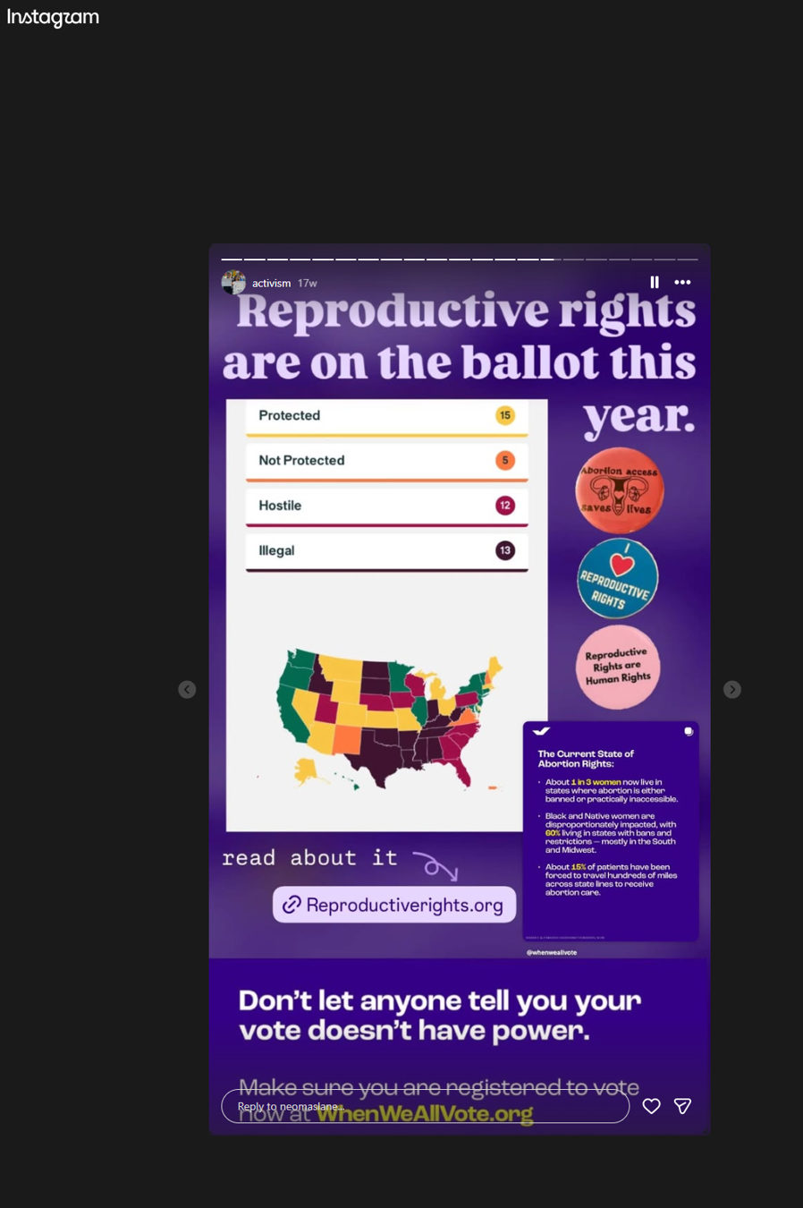 Instagram screenshot about reproductive rights, abortion access, and voting rights