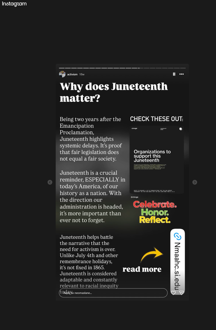 Instagram screenshot about Juneteenth, emancipation, and racial inequity