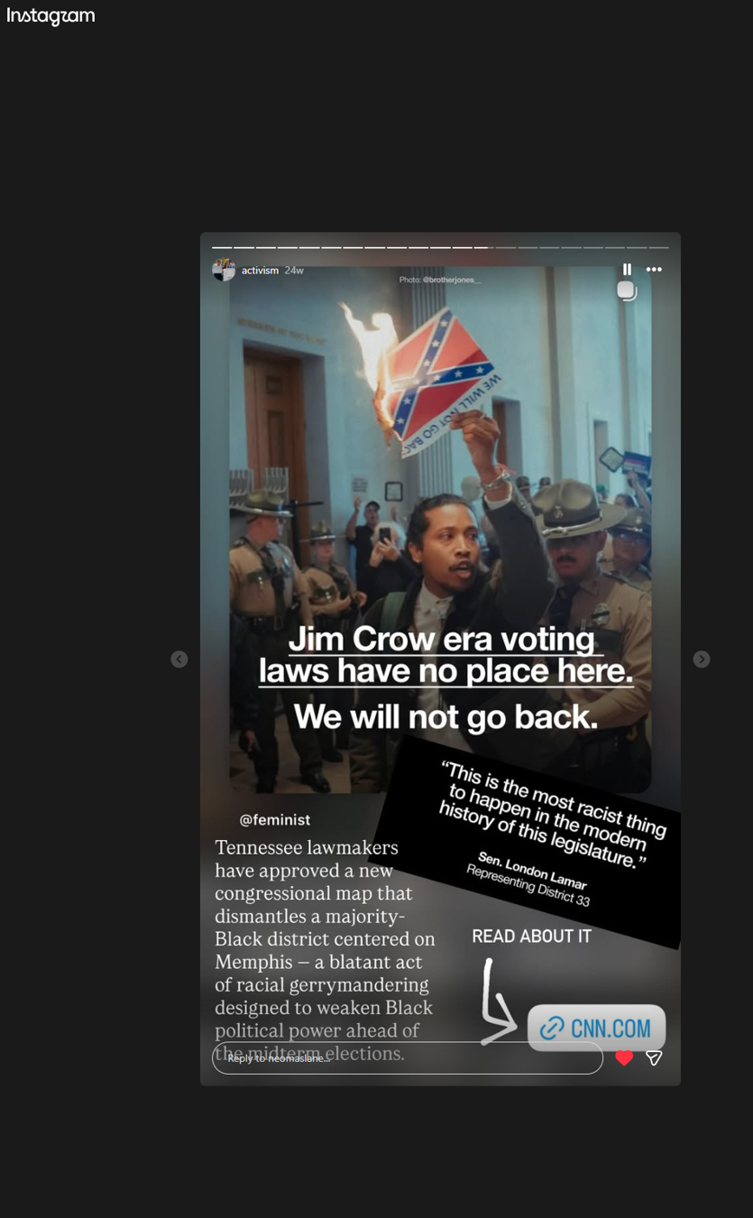 Instagram screenshot about Tennessee lawmakers approving a congressional map and racial gerrymandering