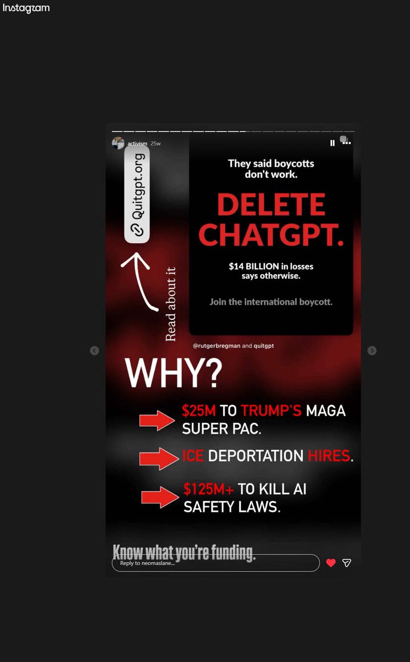 Instagram screenshot about boycotts, AI safety, deportation, and political spending
